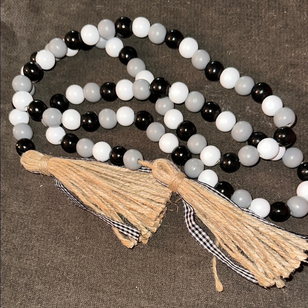 Black, White, and Gray Beaded Necklace with Tassels